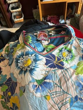 Johnny Was Multicolor Floral V-Neck Top in Blue, Green & Pink